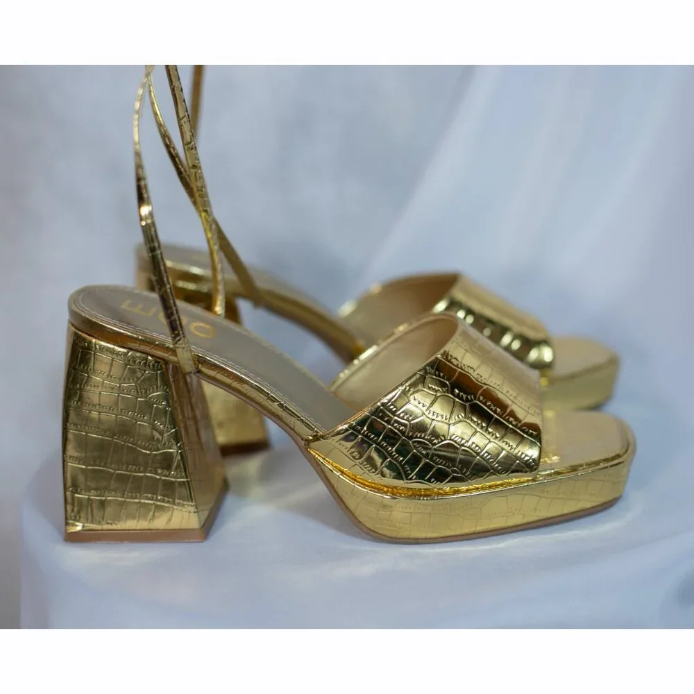 EGO Dreamer Womens Gold Croc Block Platform Heels Shoes Lace Up Size US 8M